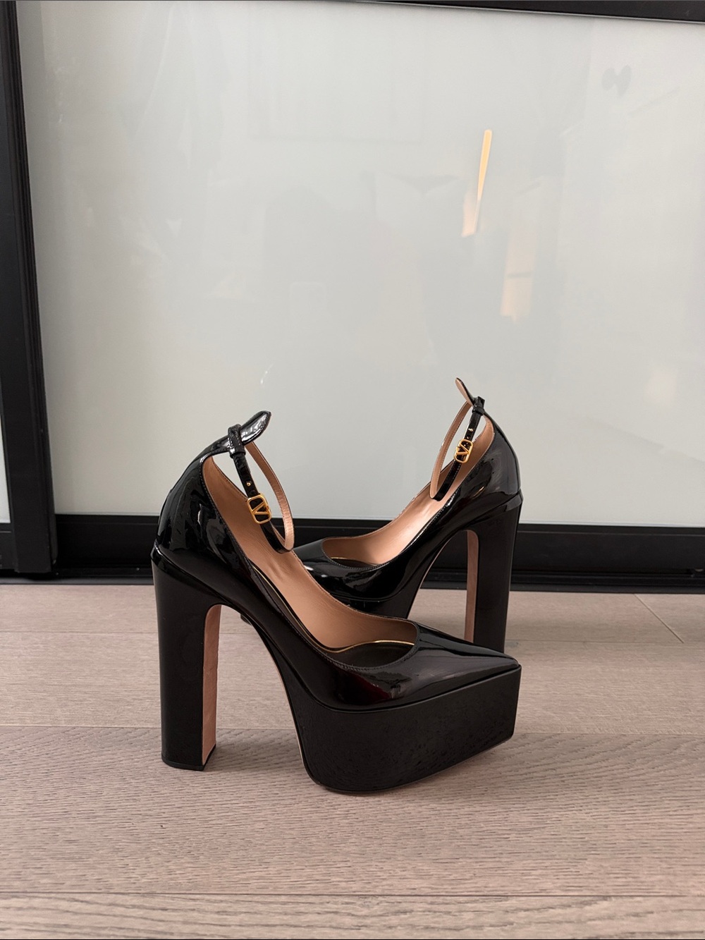 Valentino Garavani Black Patent Platform Mary Jane Pumps with Gold Buckle